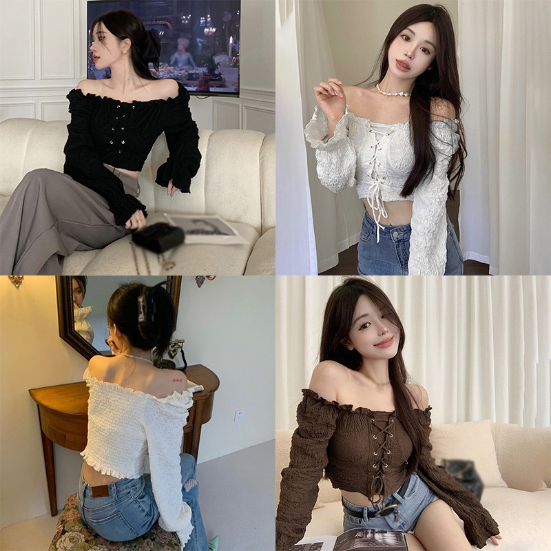 Áo Kiểu Tay Phồng Trễ Vai Phong Cách Retro Thời Trang Cho Nữ