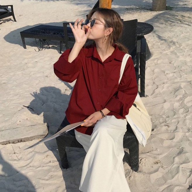 Áo Sơ Mi Tay Dài Dáng Rộng Plus Size Màu Trơn Phong Cách Hàn Quốc Thời Trang Cho Nữ