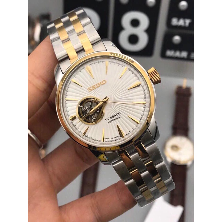Đồng hồ Nam seiko hở vành tóc chạy cơ automatic mặt trắng vỏ vàng dây đơ mi trắng pha vàng máy Nhật 40mm