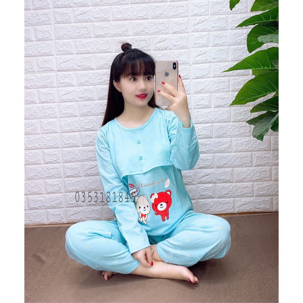 A1S [SIÊU RẺ] Bộ đồ bầu sau sinh mặc nhà con Gấu cotton dài tay, chất mát thoáng 4 K01