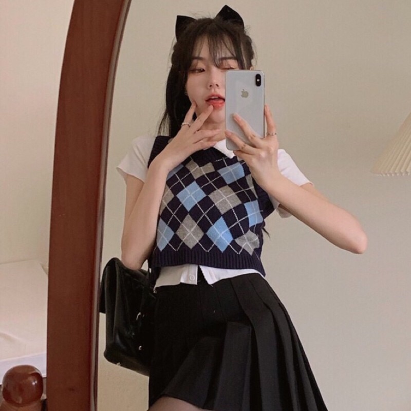 Áo Gile Len Nữ 🦋HOT TREND🦋 Áo Len Sát Nách Kẻ Ô Trám Xanh Phong Cách Vintage