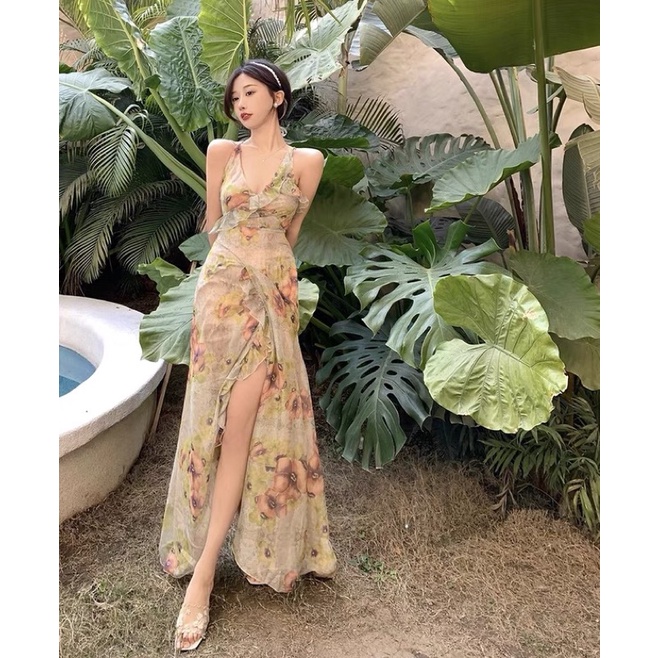 Đầm váy maxi xẻ đùi hoạ tiết nhiệt đới tropical đầm dây hở lưng đi biển