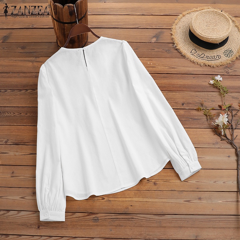 Zanzea Áo Kiểu Tay Phồng Dài Cổ Tròn Xếp Ly Cài Nút Sau Lưng Màu Trơn Thời Trang Cho Nữ