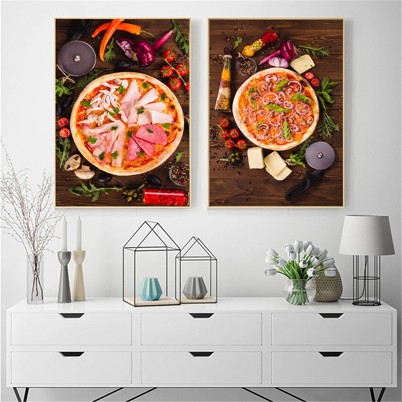 Delicious Tranh Vải Bạt Treo Tường In Hình Pizza Tomato Pepper Tươi Mới Tỏi Mì Pasta Trang Trí Nhà Bếp