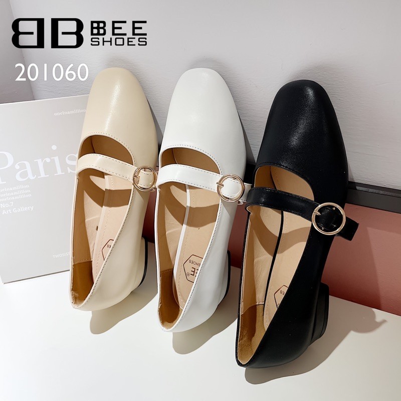 BEESHOES - GIÀY BÚP BÊ NỮ MŨI VUÔNG QUAI NGANG KHUY TRÒN - GIÀY BÚP BÊ NỮ DA LÌ SẴN MÀU ĐEN - BE 201060