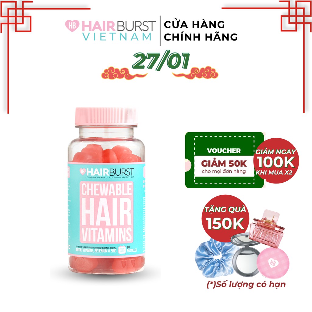 [Mã FMCG100K - 10% đơn 500K] Kẹo dẻo vitamin chăm sóc, kích thích mọc tóc HAIRBURST chewable hair vitamins 60 gram/1 lọ