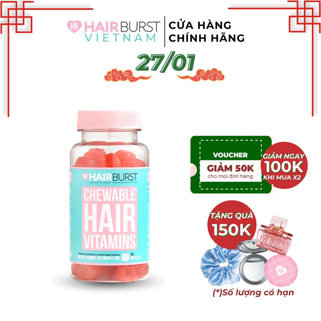 [Mã FMCG100K - 10% đơn 500K] Kẹo dẻo vitamin chăm sóc, kích thích mọc tóc HAIRBURST chewable hair vitamins 60 gram/1 lọ | BigBuy360 - bigbuy360.vn