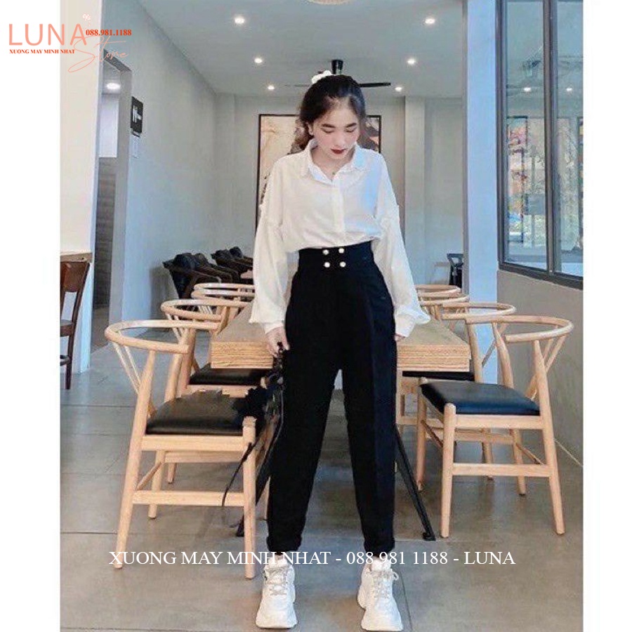 Quần tây nữ lưng cao đi học làm công sở cách điệu 4 cúc bấm dáng quần baggy cạp cao vải Vitex dày màu đen cho học sinh