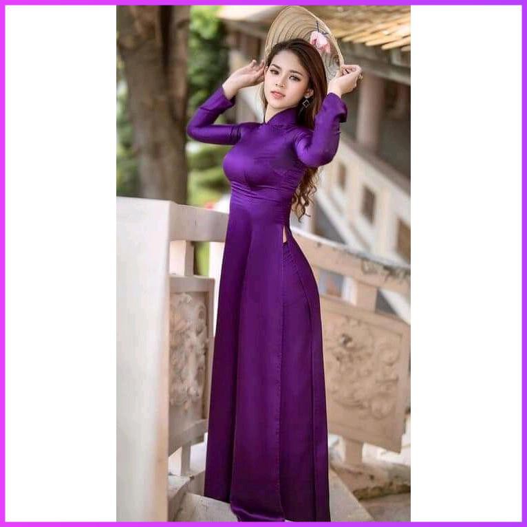 ÁO DÀI TRUYỀN THỐNG TÍM PHI BÓNG PHƯỚC THỊNH CO DÃN KÈM QUẦN, ÁO DÀI NỮ, ÁO DÀI MAY SẴN ADT2TPBT