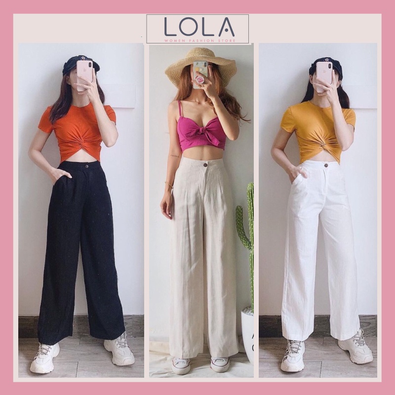 Quần đũi ống rộng lưng cao LOLA Fashion dài 100cm - Chất đũi mềm mại thoáng mát - Màu Đen/ Trắng/ Kem