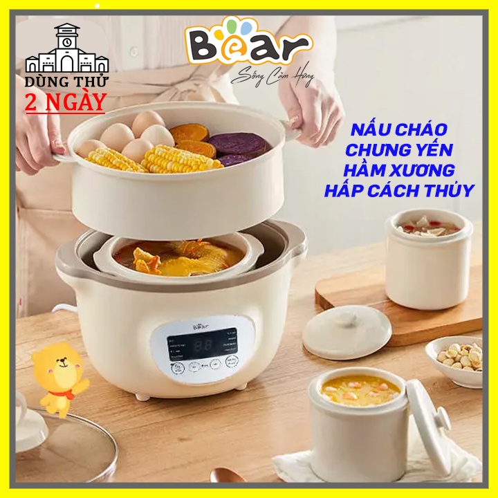 Nồi nấu cháo chậm Bear 1,6L bản quốc tế tiếng Việt, hầm/hấp/chưng yến/nấu chè, bảo hành 18 tháng