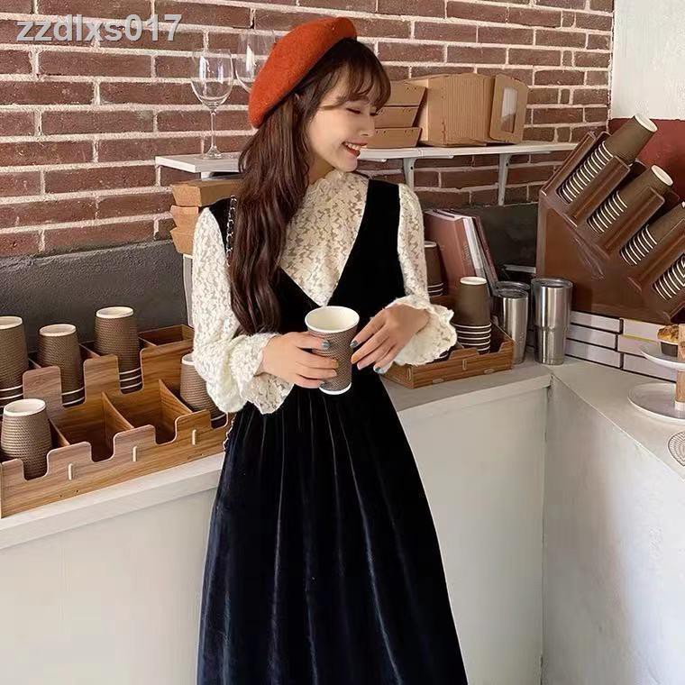 Phong cách hàn quốc sang trọng có thể muối có thể được ngọt ngào váy nửa cổ cao áo cánh của phụ nữ hai mảnh Pháp tình yêu đầu tiên nhỏ váy dài màu đen