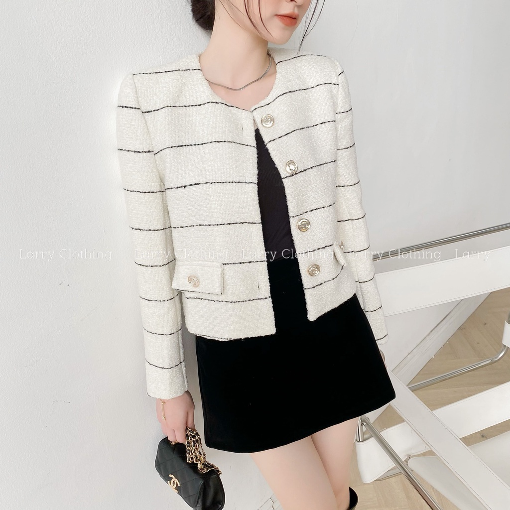 Áo dạ tweed nữ thiết kế tay dài kẻ ngang cúc to kim loại có túi hộp sang chảnh thời trang thiết kế Larry Clothing A755