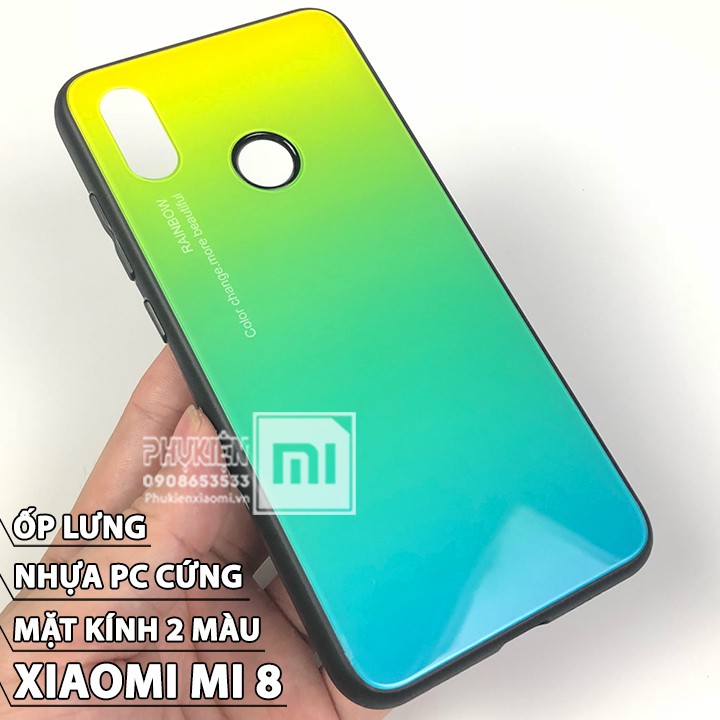 Ốp lưng dùng cho máy Xiaomi Mi 8 - Mặt kính cứng 2 màu + viền dẻo - Số 1 Vàng Xanh