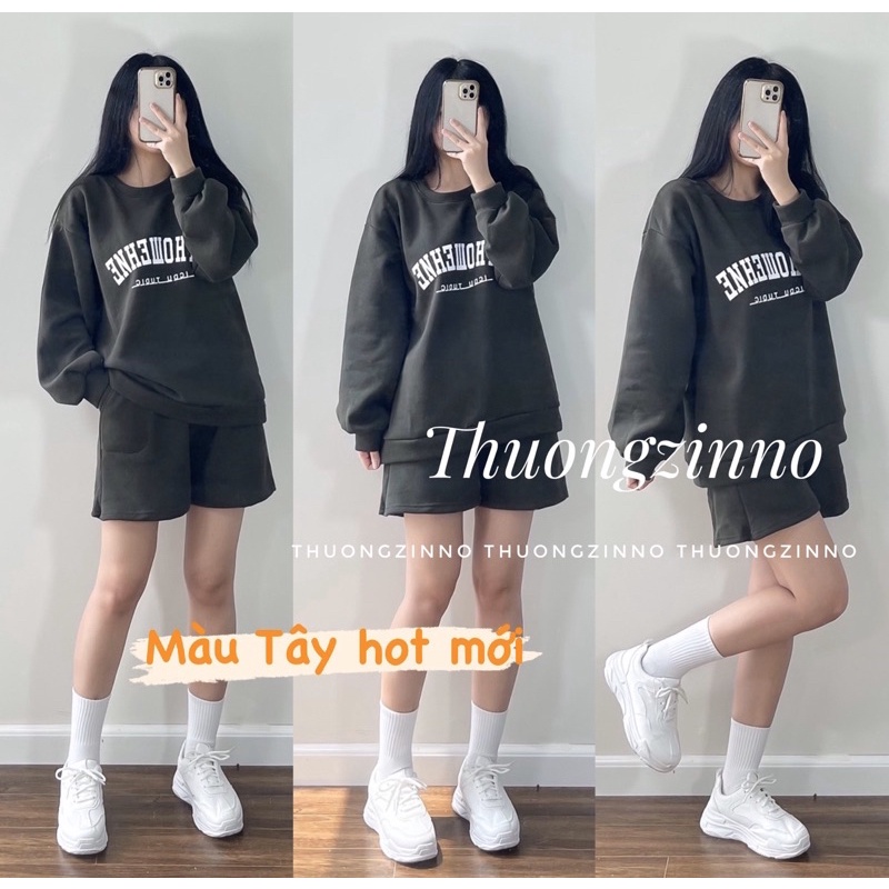 [Ảnh thật/Video] Set áo nỉ OTHO phong cách Ulzzang tay bồng in chữ kèm quần dày dặn Set bộ Hàn Quốc