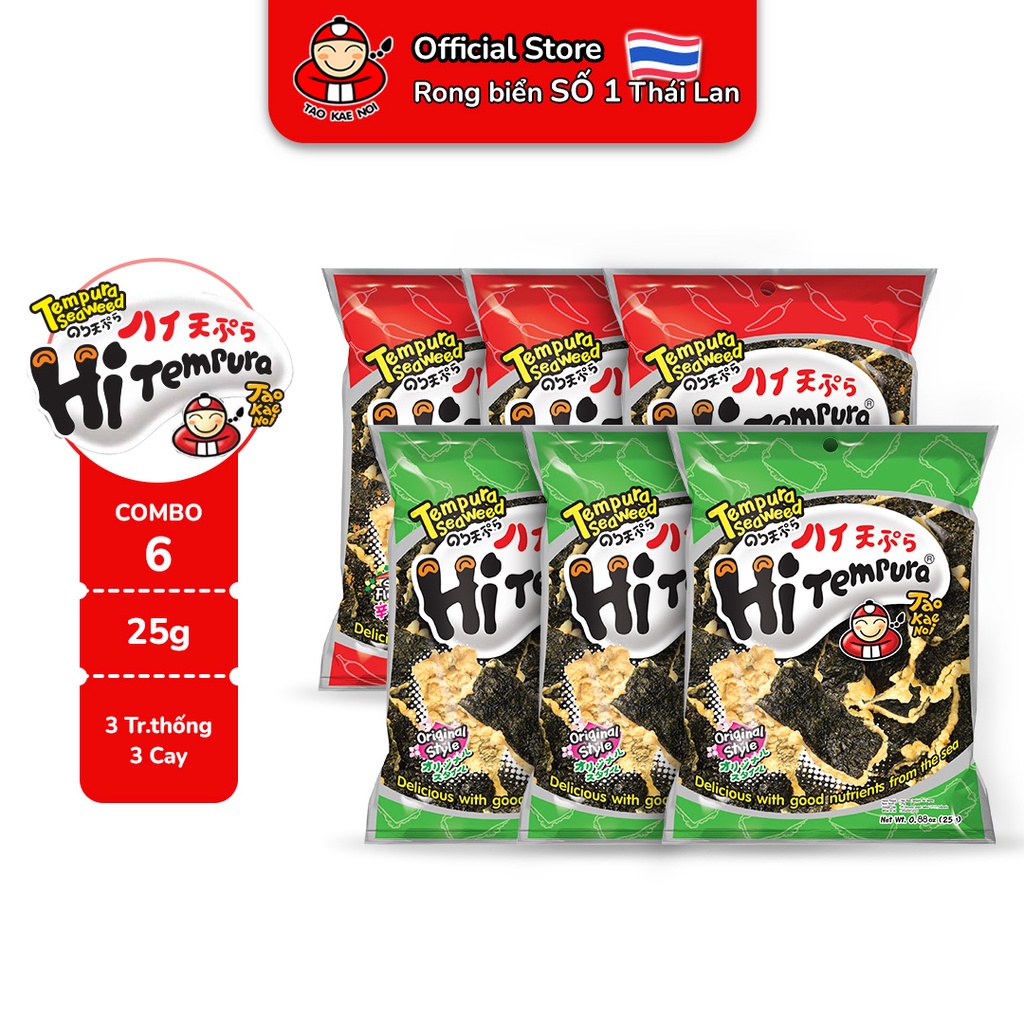 [COMBO 6 MIX VỊ] Snack rong biển TaoKaeNoi Hi Tempura chiên giòn kiểu Nhật 25g x 6 gói ( 3 Cay, 3 Truyền Thống)