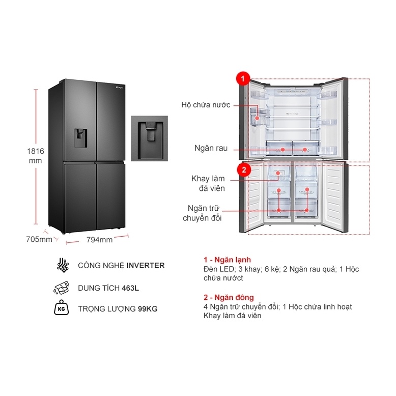 Tủ lạnh Casper Inverter 463 lít RM-522VBW - Lấy nước ngoài, 2 dàn lạnh độc lập, Chuông báo, Miễn phí giao hàng HCM