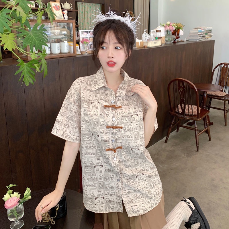 Áo Sơ Mi Ngắn Tay Cài Nút In Họa Tiết Dễ Thương Sáng Tạo Thời Trang Mùa