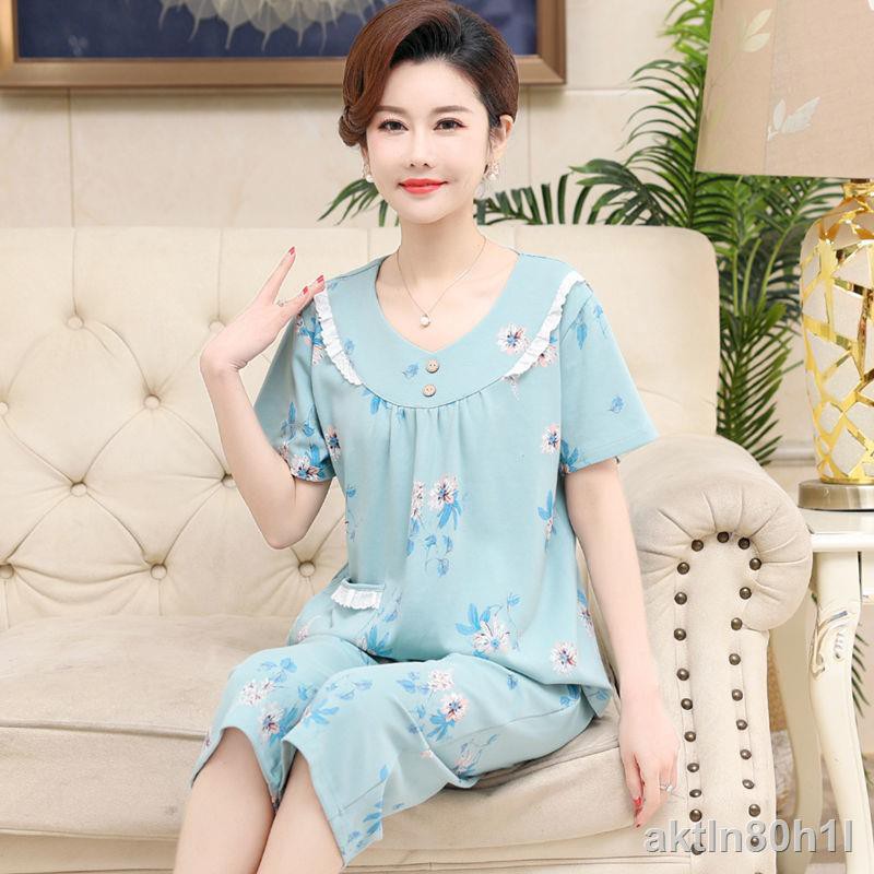 Pyjama cho phụ nữ trung niên và cao tuổi, cotton ngắn tay, size lớn, kiểu mỏng, bộ đồ phục vụ ở nhà người niên, mẹ