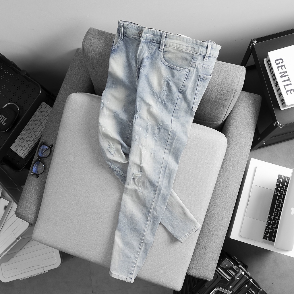 Quần Jean Nam xanh rách kết hợp vẩy sơn cá tính thời trang trẻ trung, Quần Bò Nam cao cấp chất jeans co giãn phong cách