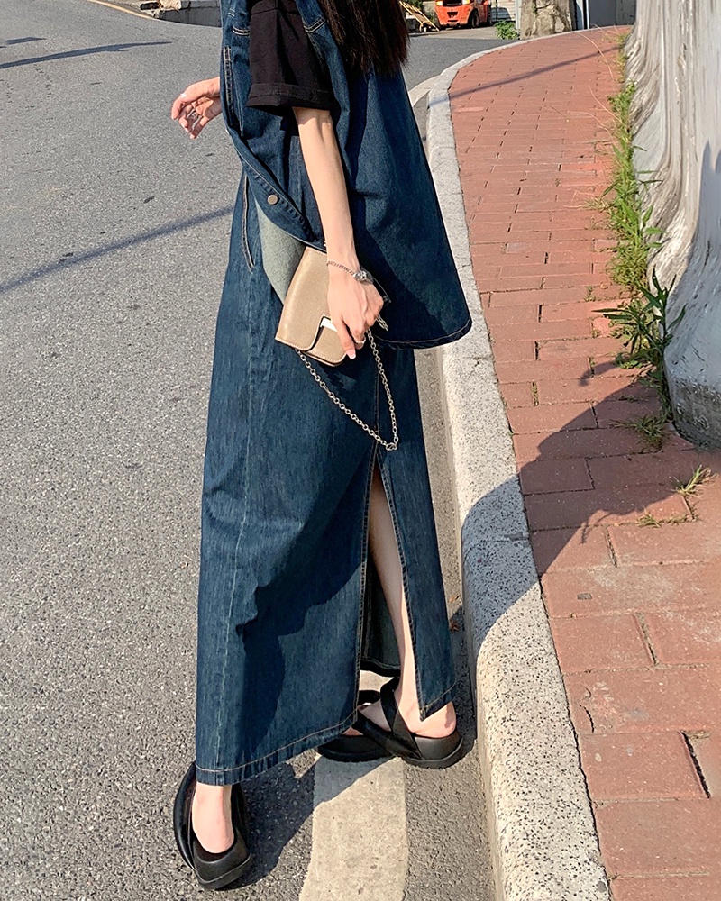 Áo khoác denim sát nách/ Chân váy denim xẻ tà Peppermint 53642 phong cách Hong Kong cổ điển thời trang mùa hè mới