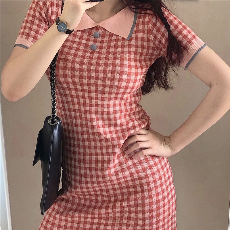 (ORDER) Váy len tăm POLO cộc tay sọc caro đỏ hồng pastel cổ bẻ ôm body style Hàn Quốc (MẪU _MỚI_2020)