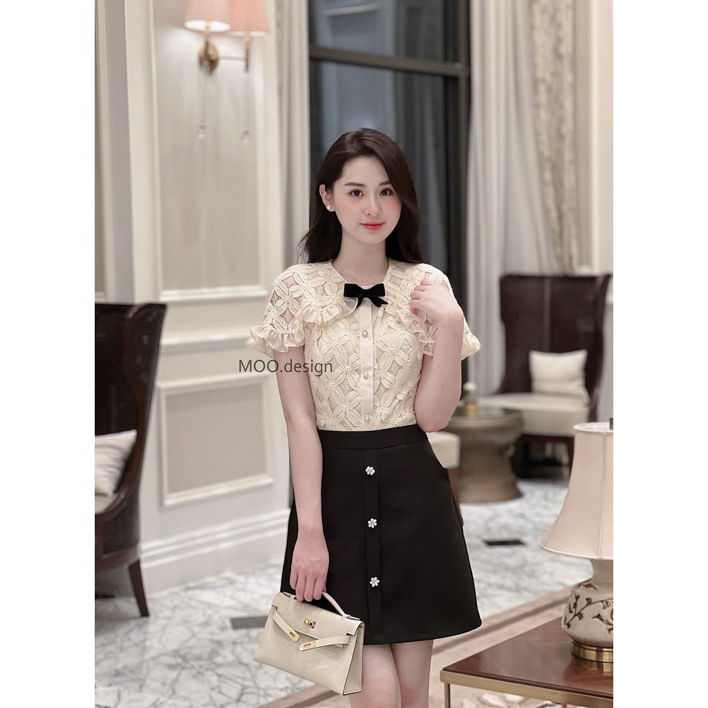 Áo tiểu thư, áo ren sơ mi cánh tiên khuy đá, chất ren thêu, kèm nơ cài,MOO Design - ARMD9