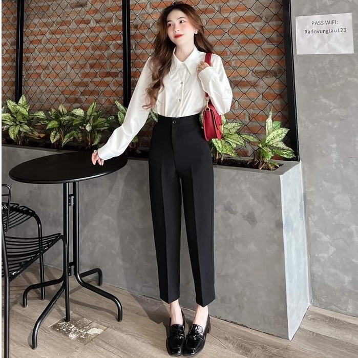 Quần tây nữ lưng cao KH01 đi học sinh dáng dài màu xanh đen vải tuyết mưa mềm