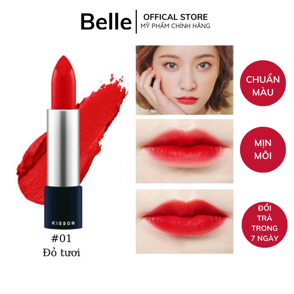 Son lì dưỡng môi chính hãng KISS ON màu đỏ tươi lâu trôi, mềm mịn môi, màu sắc tươi tắn không làm khô môi 4g kisson 01