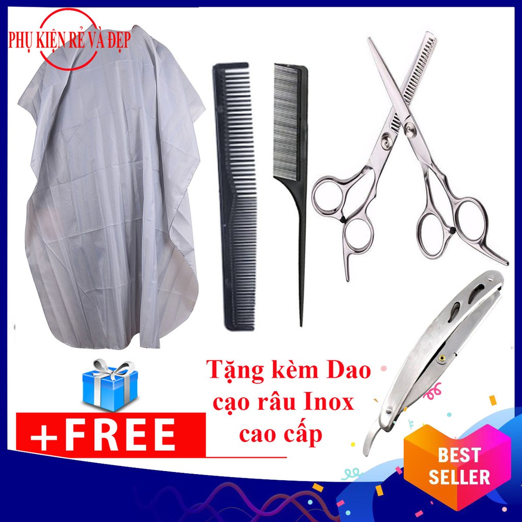 Combo Bộ Kéo cắt tóc và tỉa tóc + 2 cây lược + Áo choàng cắt tóc + Dao cạo đa năng