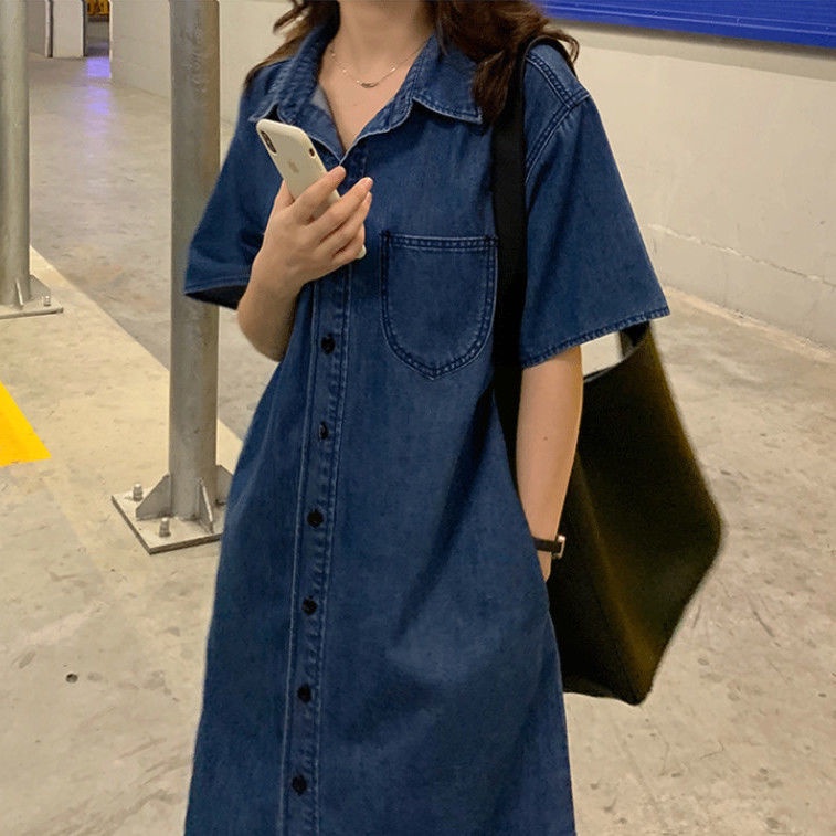 Đầm denim tay ngắn thời trang mùa hè thoải mái dành cho nữ