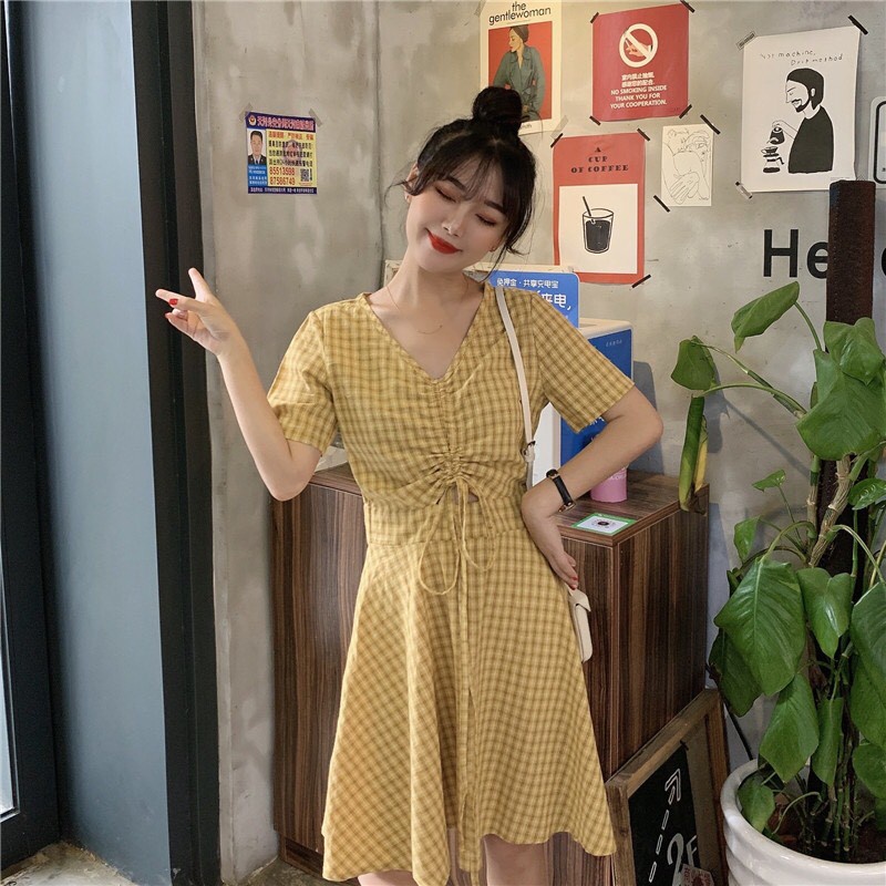 SET VÁY ĐÔI - VÁY KẺ CÚC CÀI BUỘC NƠ EO XANH VÀNG - VÁY CARO DÚM NGỰC NƠ SAU VÀNG XANH ULLZANG