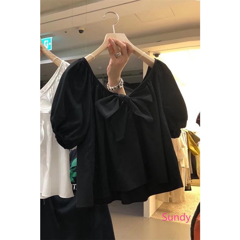 Áo Kiểu Tay Phồng Đính Nơ Màu Trơn Phong Cách Hàn Quốc Plus Size Dành Cho Nữ