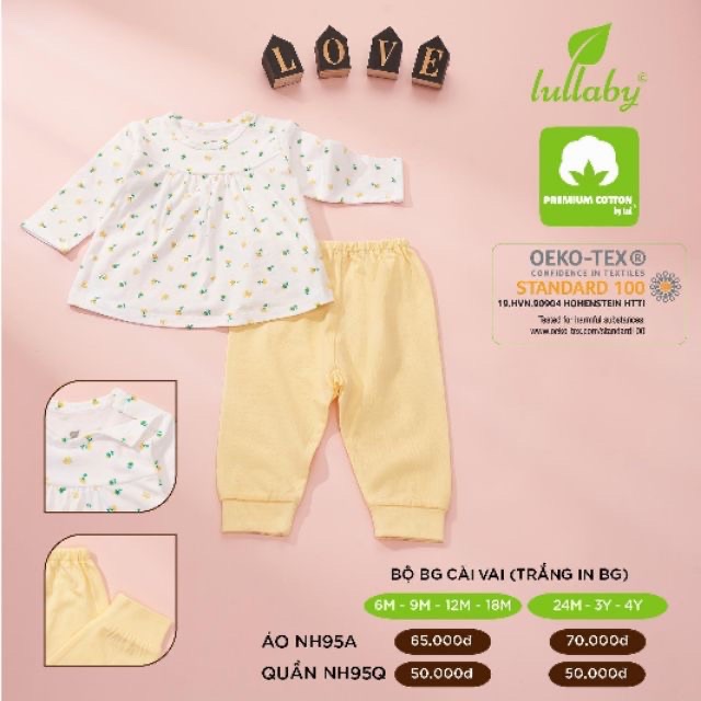 Bộ dài tay cài vai bé trai/gái cotton mỏng Lullaby