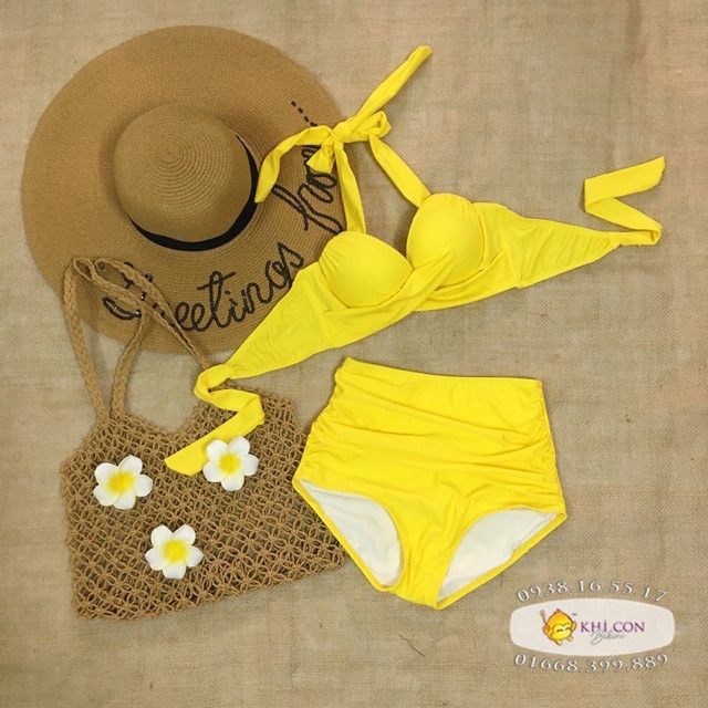 Bikini 2 mảnn nâng ngực áo gọng xoắn dây dày nâng ngực + quần nhún lưng cao giấu bụng (Hình chụp thật)