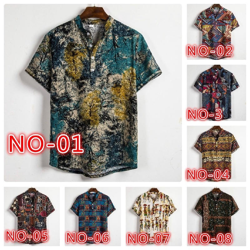 African National Style Dark Flower Series Linen Stand Collar Short Sleeve Shirt | BigBuy360 - bigbuy360.vn