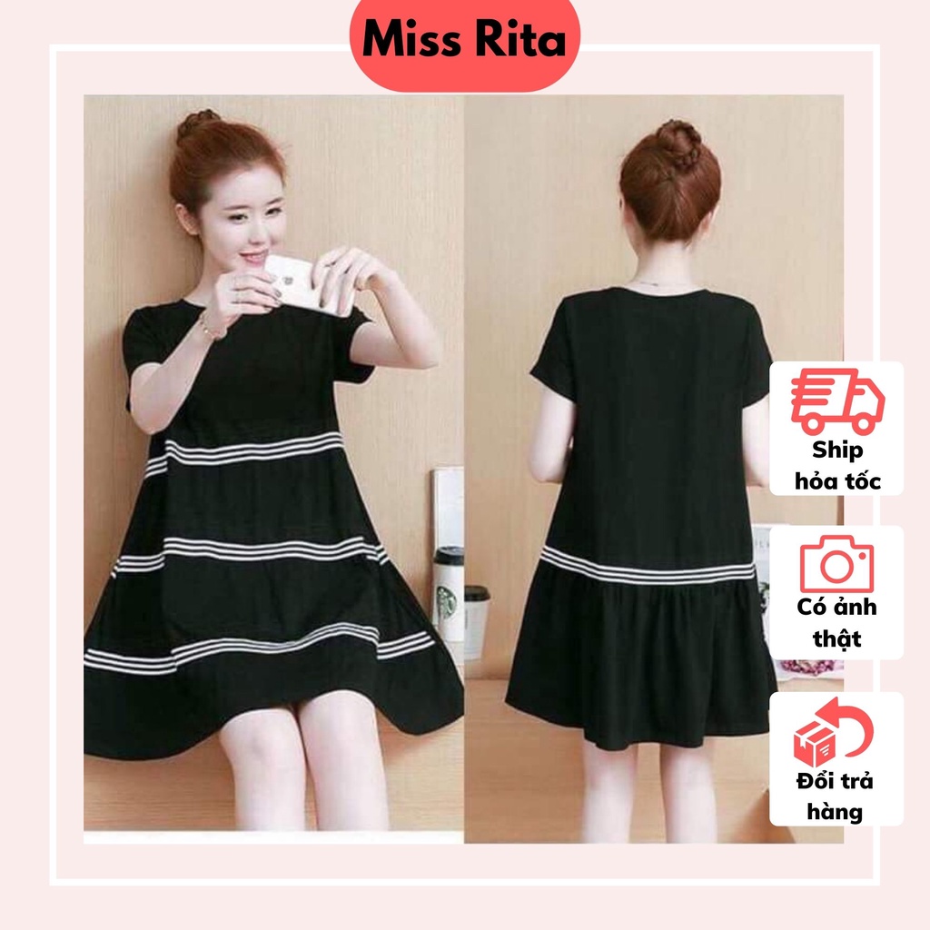 Đầm Bầu công sở thiết kế MISS RITA Đầm bầu mùa hè dáng suông cổ tròn pha kẻ ba đường xinh xắn thiết kế bởi Miss Rita