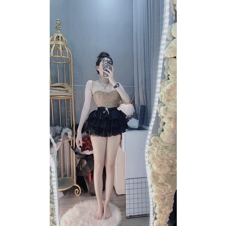 Set áo ren nâu chân váy tầng tơ phối nơ siêu xinh