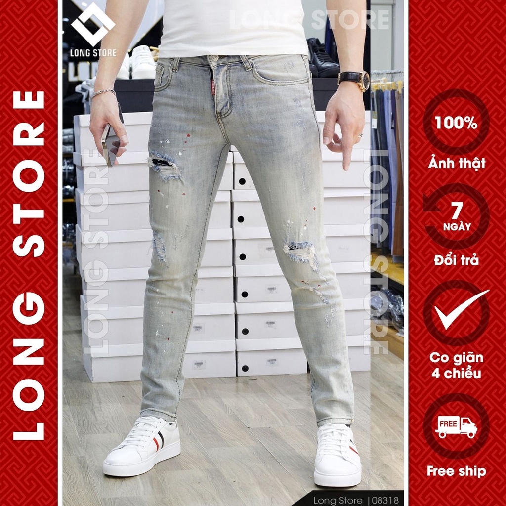 Quần jean nam xanh bạc bụi rách gối họa tiết vẩy sơn hàng siêu cấp chất bò co giãn dáng ôm skinny LONGSTORE 08318