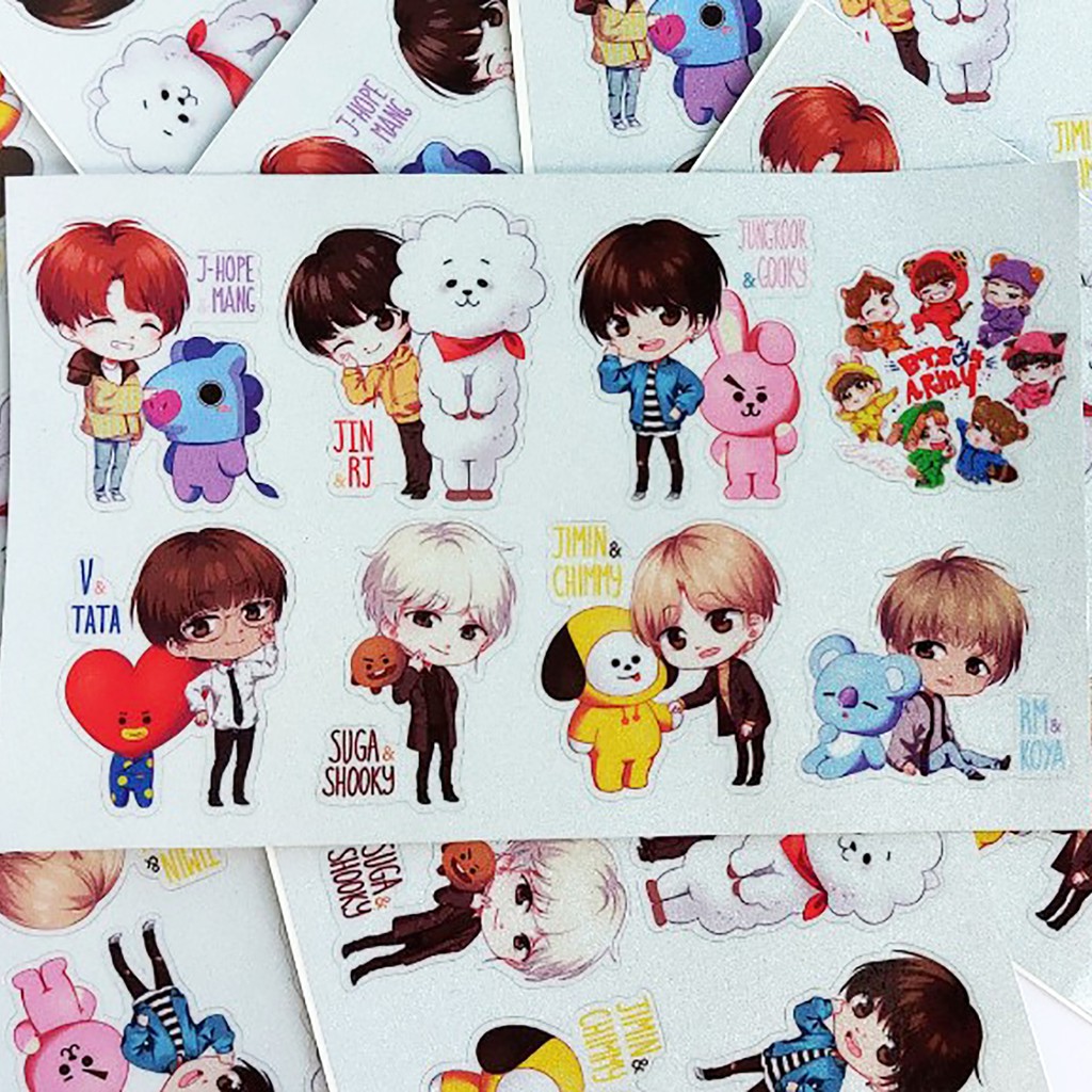 Bộ 8 sticker BTS siêu dễ thương. Miếng dán được cắt sẳn có màng bảo vệ chống nước chống trầy.