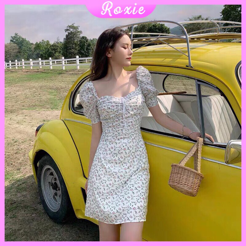 Váy hoa nhí vintage cổ vuông dáng ngắn ôm body Hàn Quốc V20 - Roxie