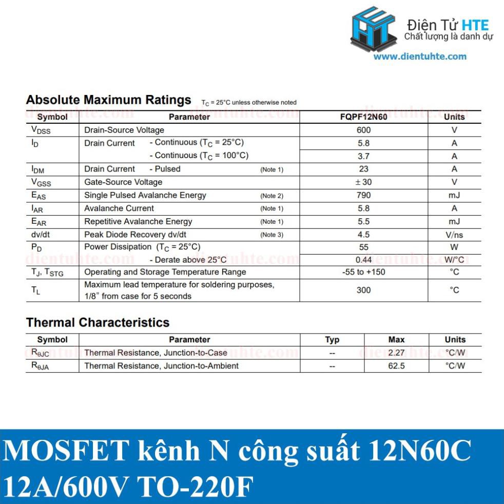 N-MOSFET công suất FQPF12N60C 12N60C 12N60 12A 600V chính hãng