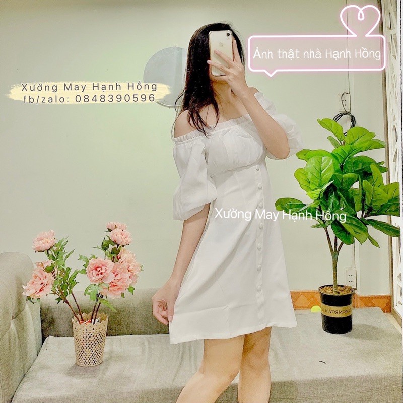 Váy trắng dự tiệc trễ vai hàng cúc, Váy rúm ngực trễ vai - Xưởng May Hạnh Hồng | BigBuy360 - bigbuy360.vn