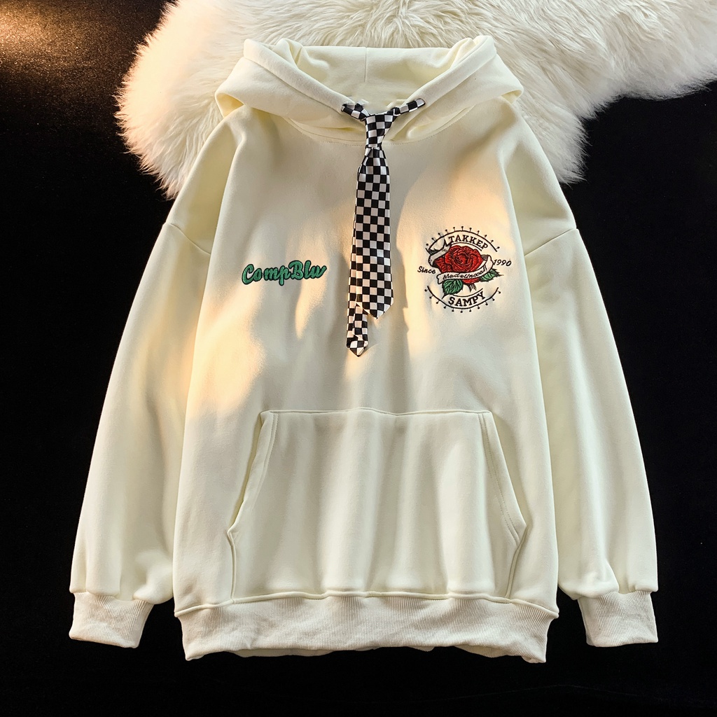 ZHELIHANGFEI Áo len trùm đầu in họa tiết hoa hồng phong cách đại học rộng rãi