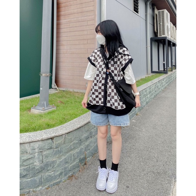 Áo Khoác Gile Nữ Đen Vintage sọc Caro Form Rộng Ulzzang - Áo gile không tay cổ tim dáng suông