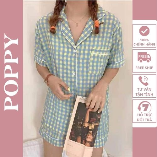 [ Qùa tặng dây cột tóc ] Pyjama nữ hàn quốc caro ngắn tay giá rẻ bộ mặc nhà nữ mùa hè chất liệu kate thái cao cấp bộ ngủ