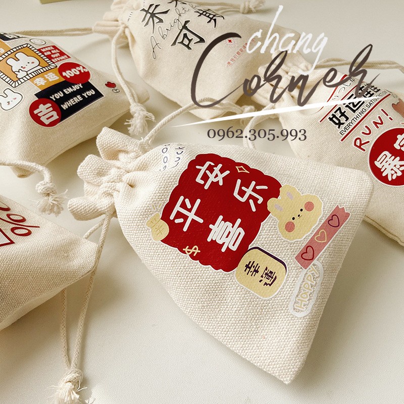 Túi vải canvas dây rút 10x14cm in hình dễ thương đựng quà, làm quà tặng, đựng trang sức, mỹ phẩm, băng vệ sinh