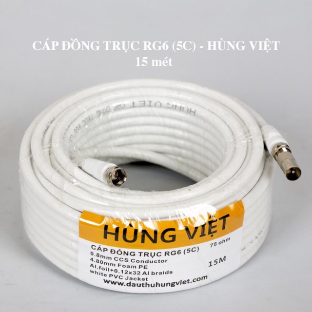 Cáp anten Hùng Việt RG6 dài 15m đúc sẵn jack cắm