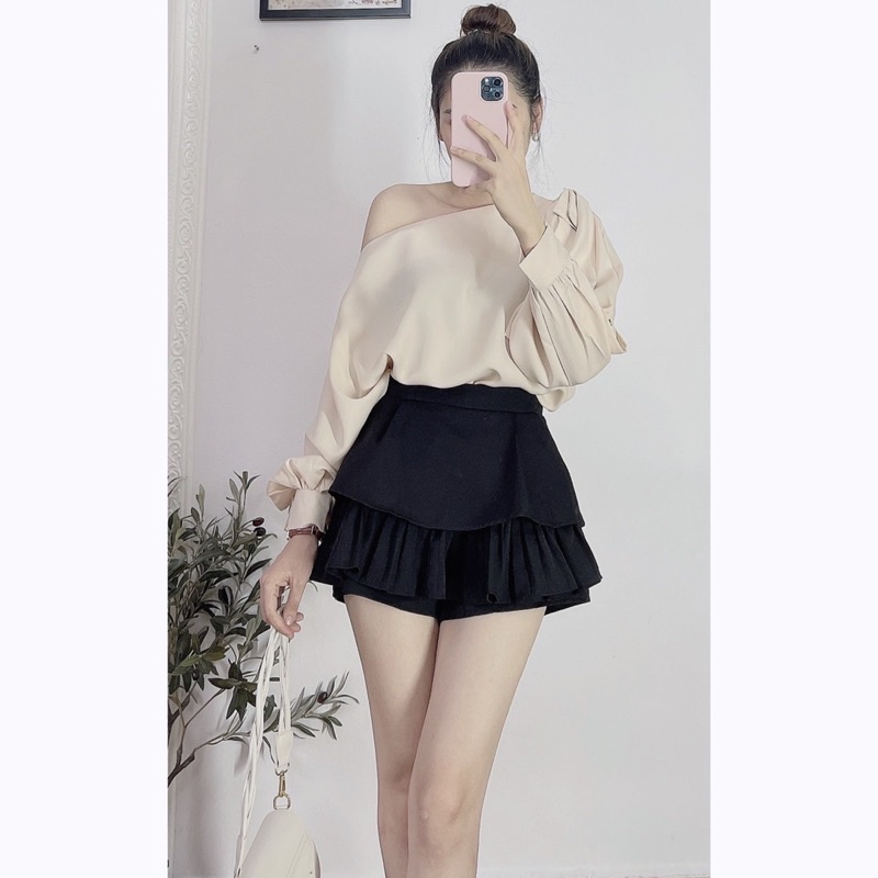Áo sơmi lệch vai 2 màu trắng và be - Áo sơ mi nữ công sở lịch sự