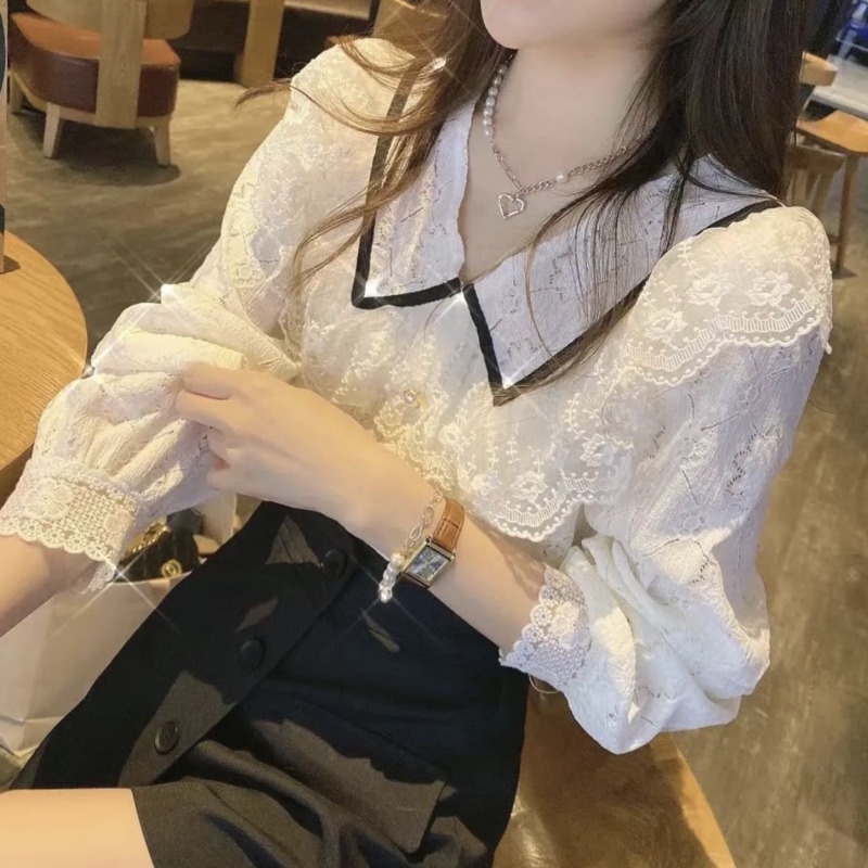 Áo Sơ Mi Tay Dài Cổ Búp Bê Phối Ren Phong Cách Phương Tây Cho Nữ